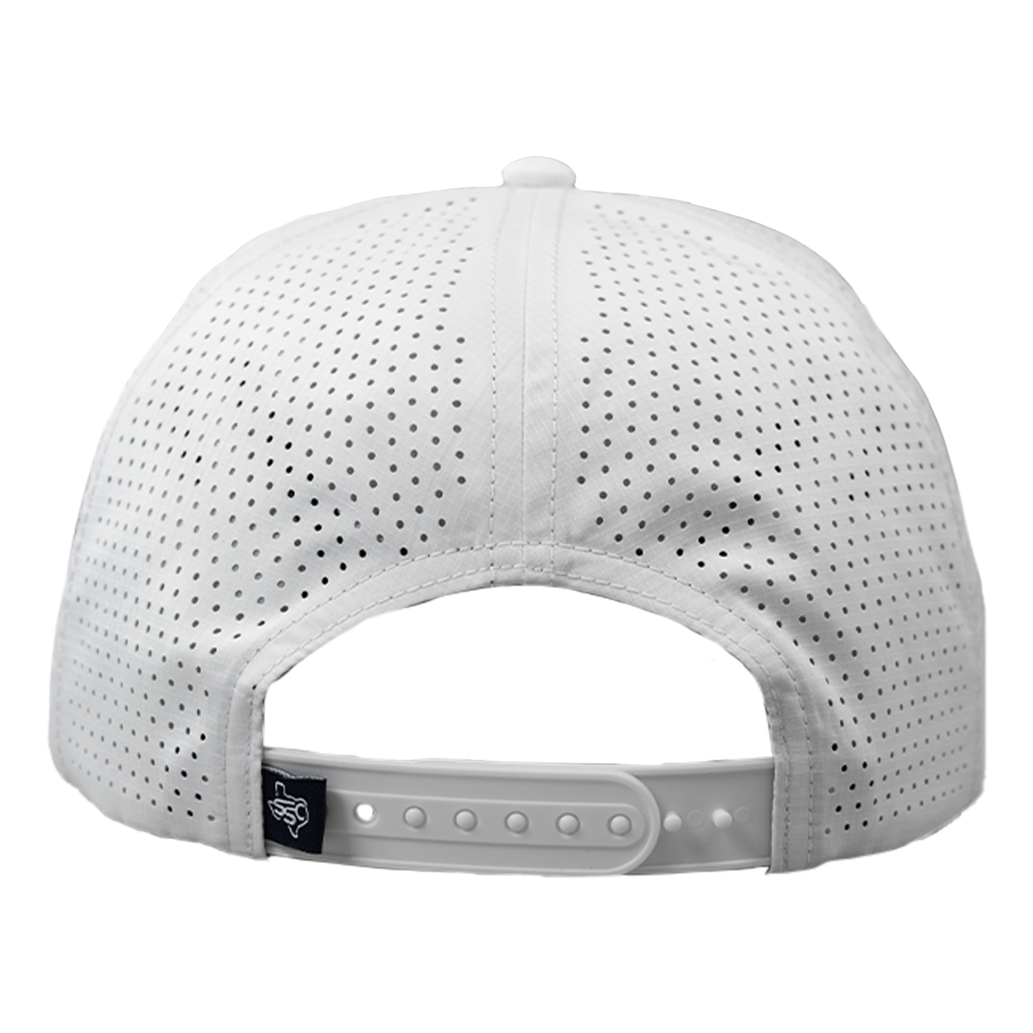 Rear view of white baseball cap with perforated design on a white background