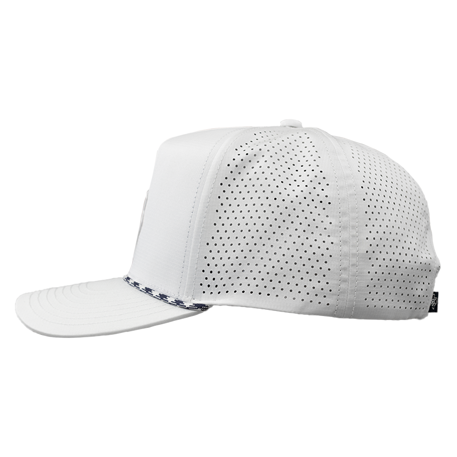 Side view of white baseball cap with perforated design on a white background