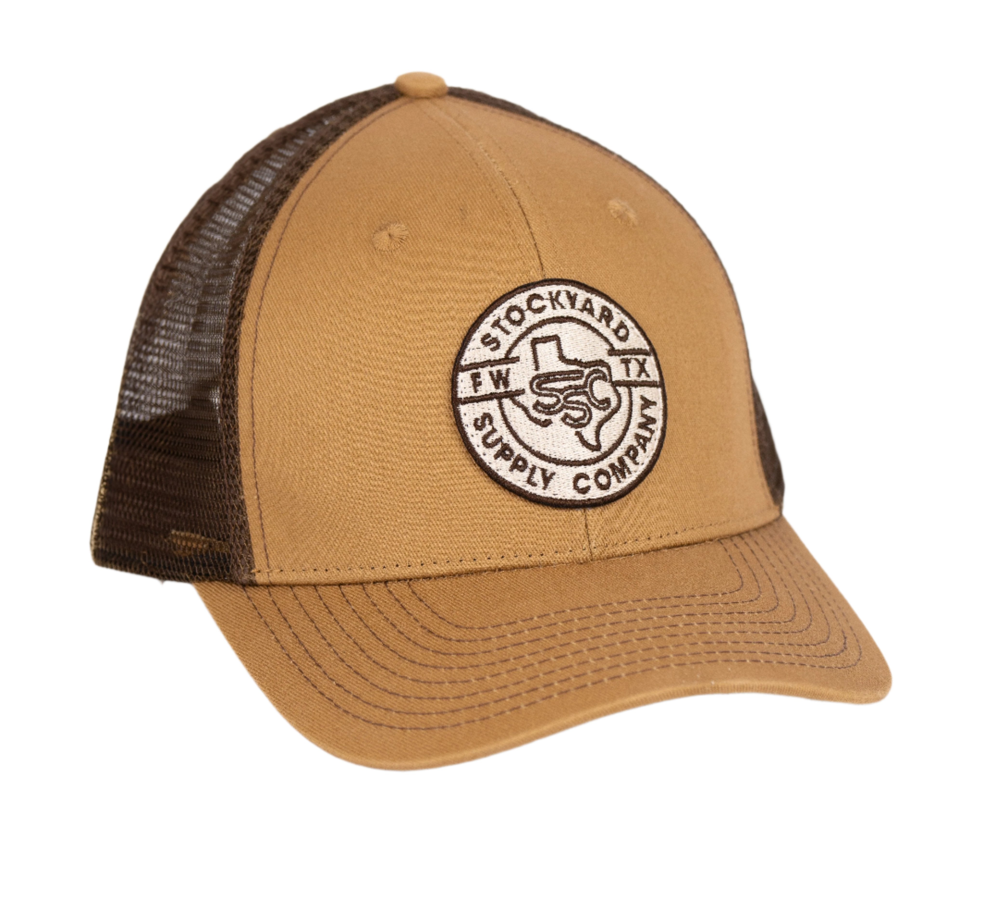 Standalone picture of Stockyard Supply Co Everyday Jack Trucker Hat - Coyote and Brown colors.