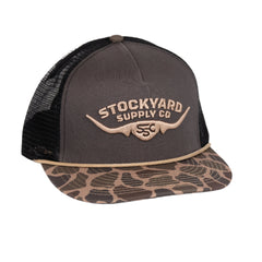 High profile charcoal hat with camo brim. Standalone hat photo