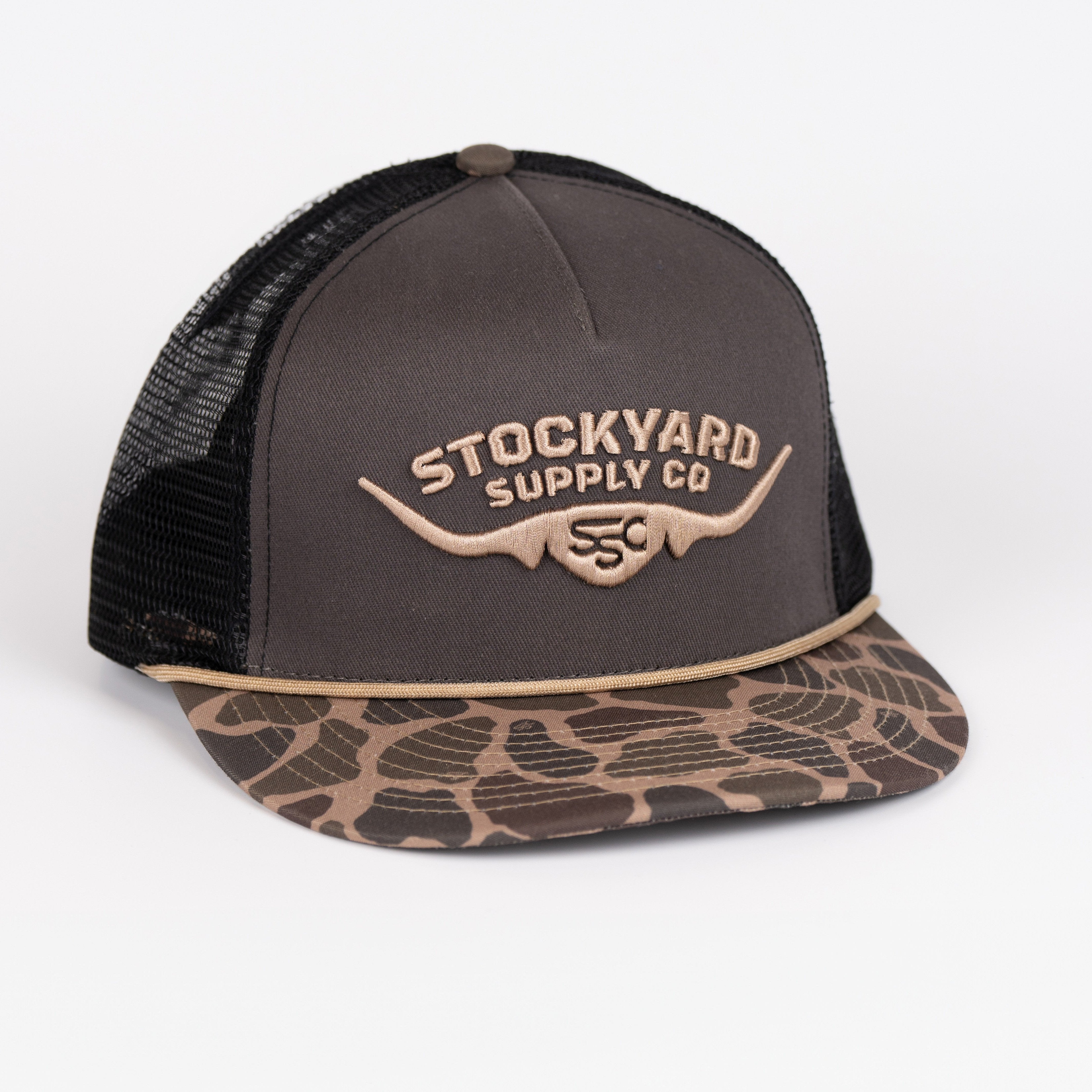 High profile charcoal hat with camo brim. Standalone hat photo