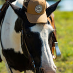 Horse with a saddle on it wearing the Everyday Jack Trucker Hat, Brown and Coyote colored. 