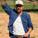 Eric Nelsen wearing Stockyard Supply Co Faded Navy Pearl Snap long sleeve button down roping