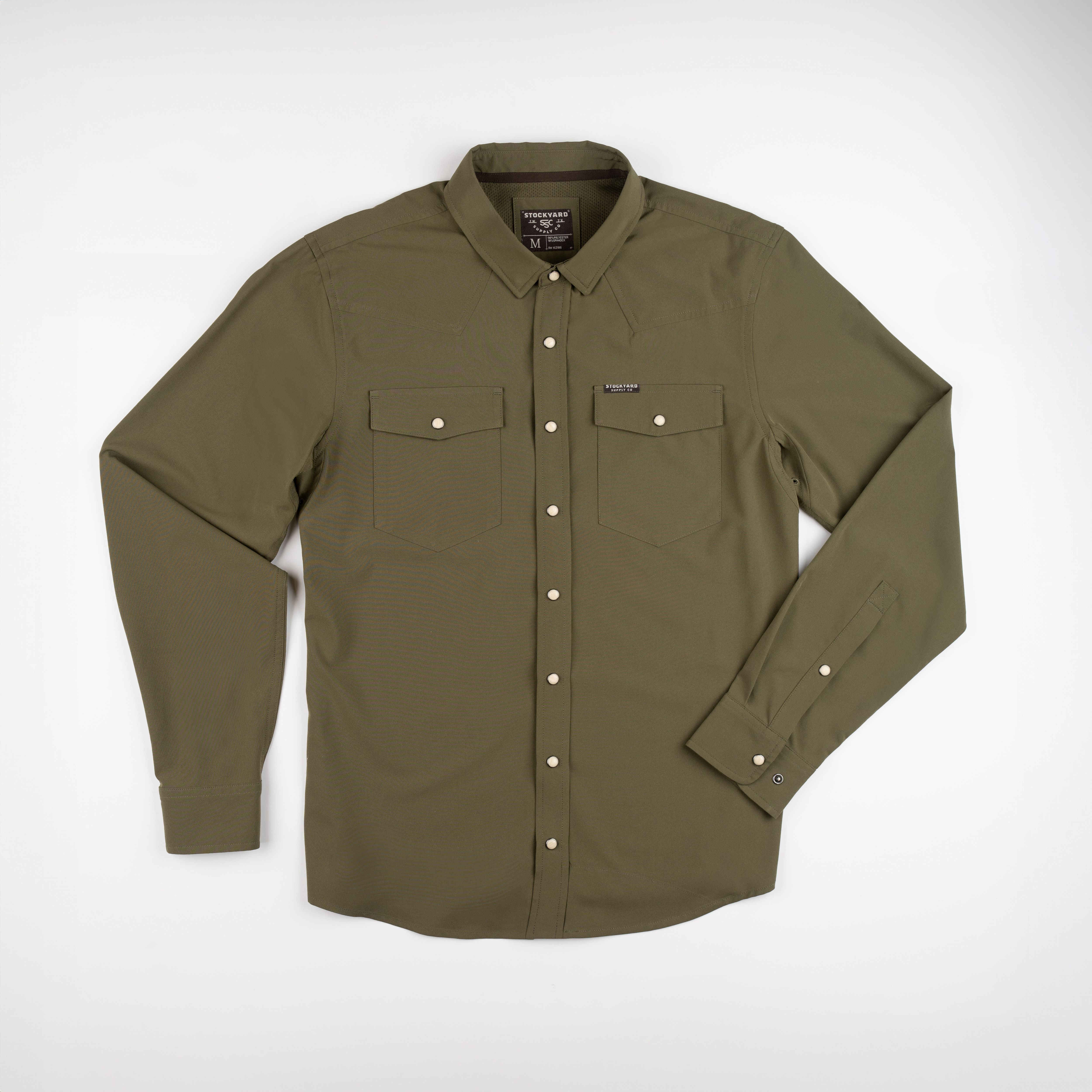 Faded Olive Performance pearl snap shirt laying flat