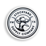 Duck that has longhorns wearing a cowboy hat. Circular sticker colored black and white.