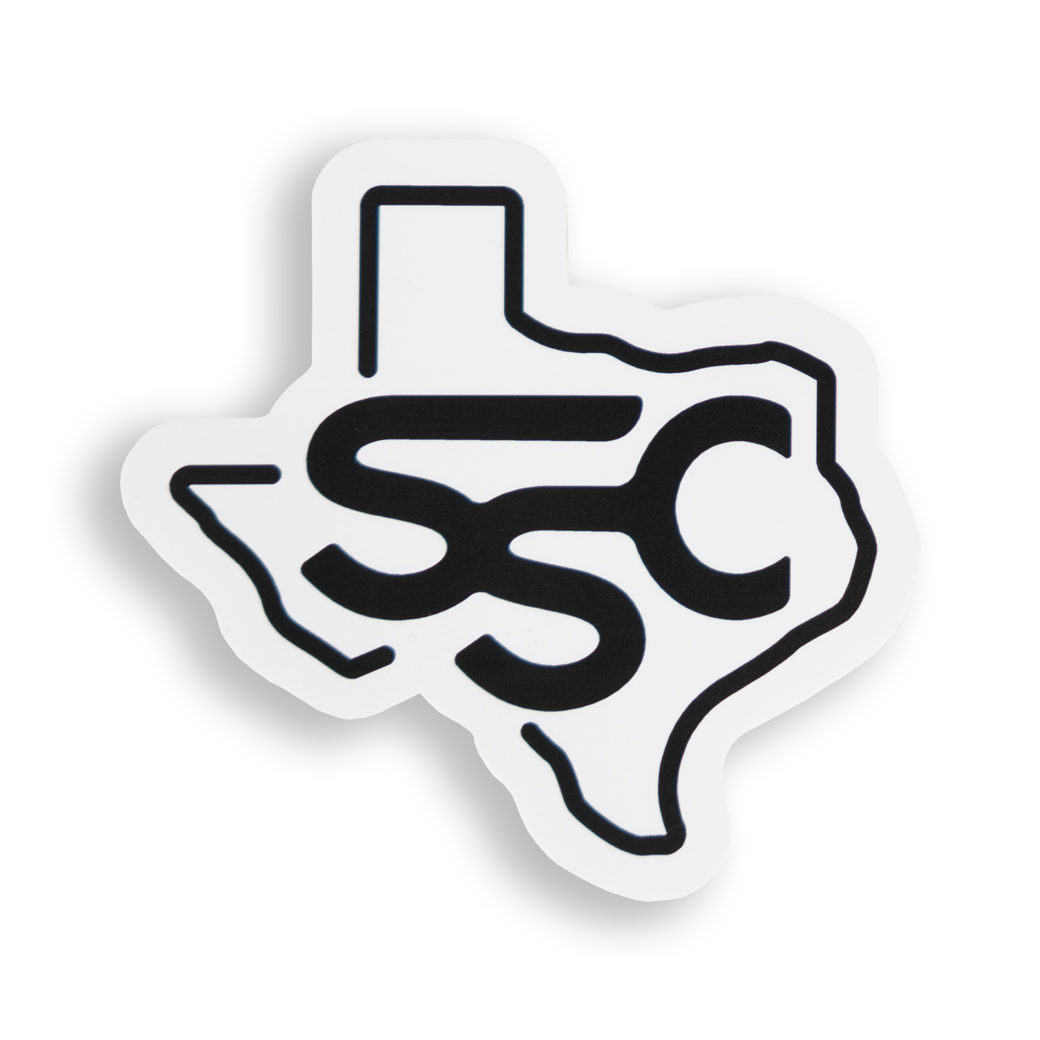 Sticker in the outline of the state of Texas. Stockyard Supply Co monogram logo in the center. Colored black and white. 