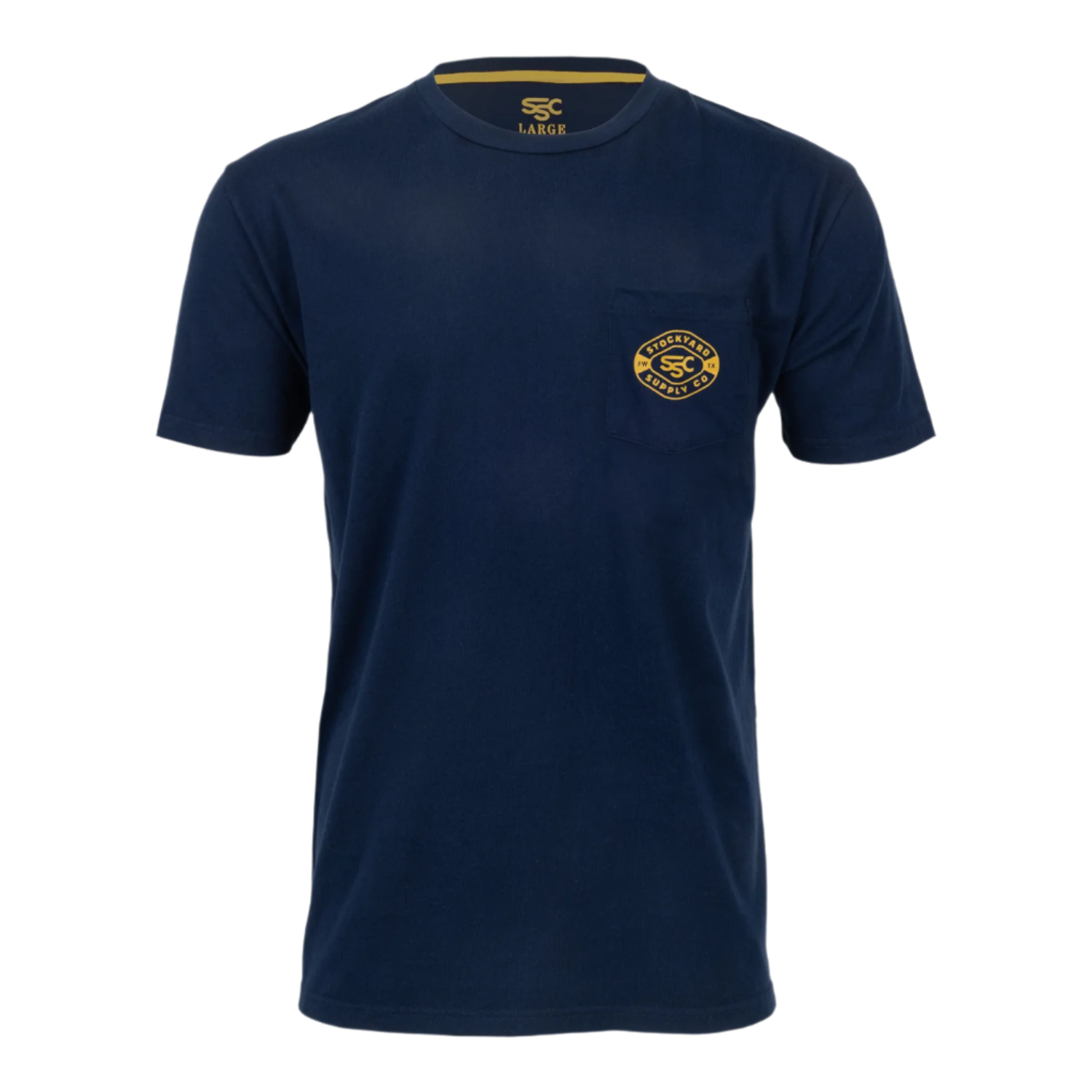 Navy Blue Stockyard Supply Co Logo T-shirt with Yellow print and Yellow neck tape. Front View.