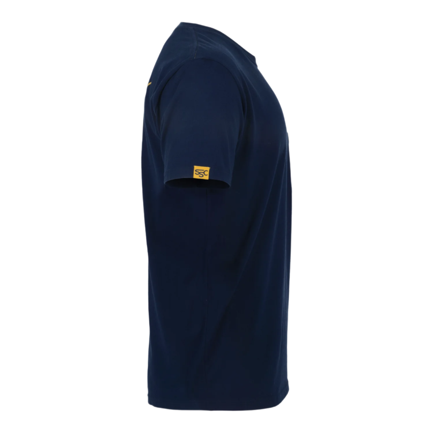Navy Blue Stockyard Supply Co Logo T-shirt with Yellow print and Yellow logoed sleeve tape. Side View.