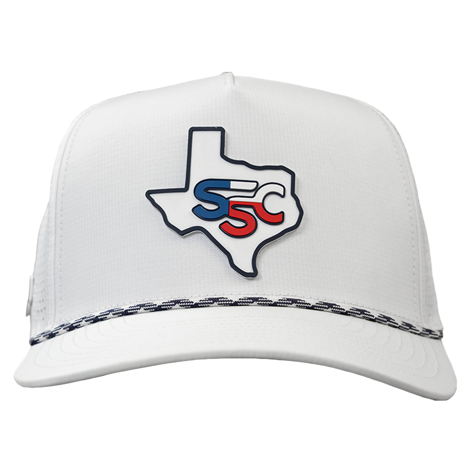 White cap with Texas-shaped logo featuring 'SSC' on a white background