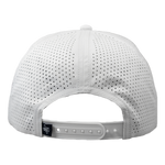 Rear view of white baseball cap with perforated design on a white background