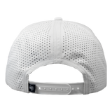 Rear view of white baseball cap with perforated design on a white background