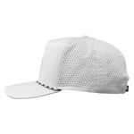 Side view of white baseball cap with perforated design on a white background