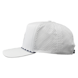 Side view of white baseball cap with perforated design on a white background